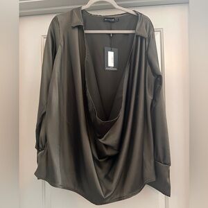 NWT!!! Beautiful Satin Cowl-Neck Blouse in Olive Green